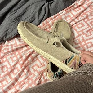 Women’s tan colored Hey-dudes with colored heal